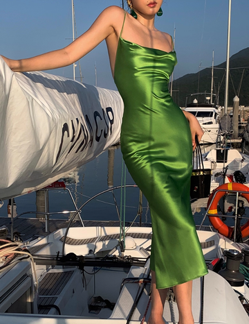 Simple Green Sheath Spaghetti Strap Satin Open Back Prom Dress Party Dress HZ1023
